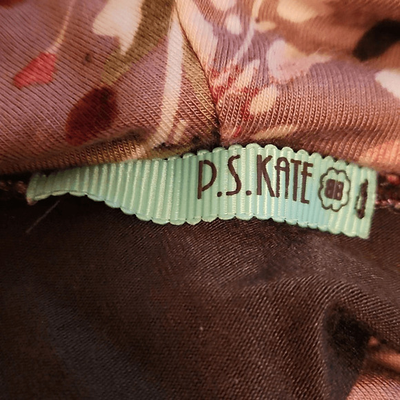 P.S. Kate Red and Purple Floral on Olive Cowl Neck LS Top Medium (3107) - Picture 4 of 5